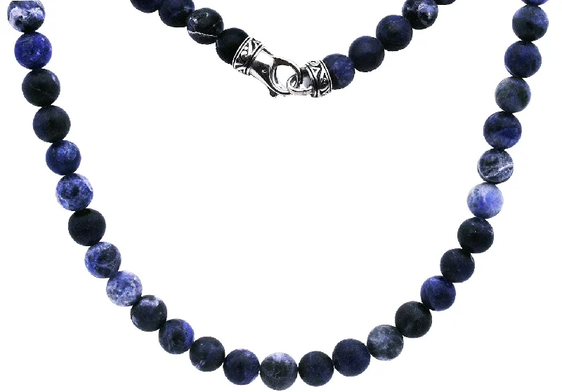 custom name necklace for women-Mens Genuine 8mm Sodalite Stainless Steel Beaded Necklace