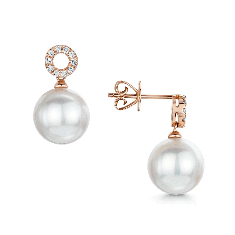 emerald earrings for women-18ct Rose Gold South Sea White Pearl And Diamond Set Earrings