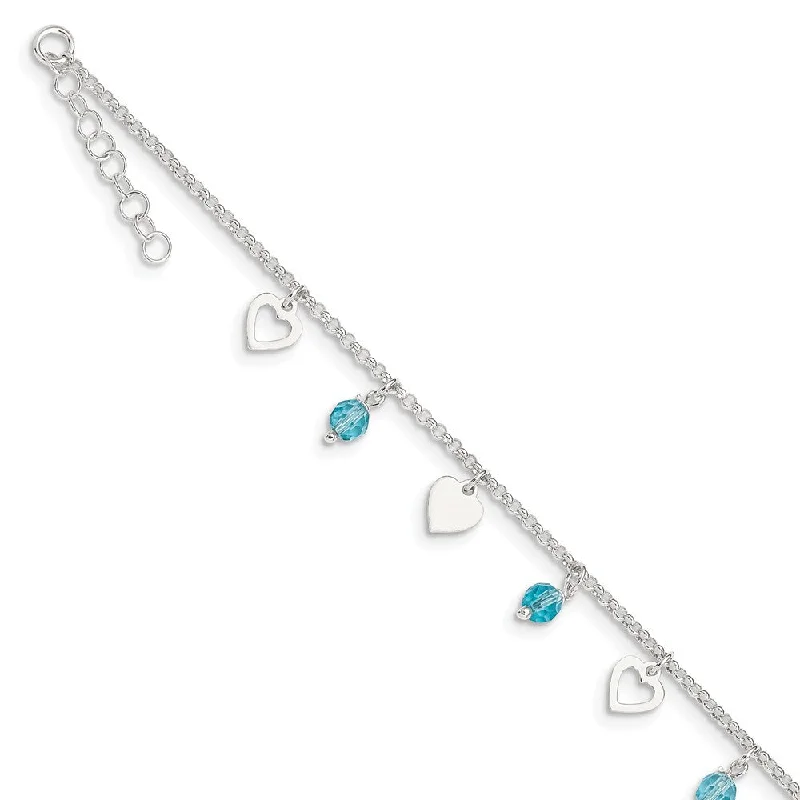 tennis bracelet for women-Sterling Silver Heart and Blue Glass Bead Adjustable Anklet, 9 Inch