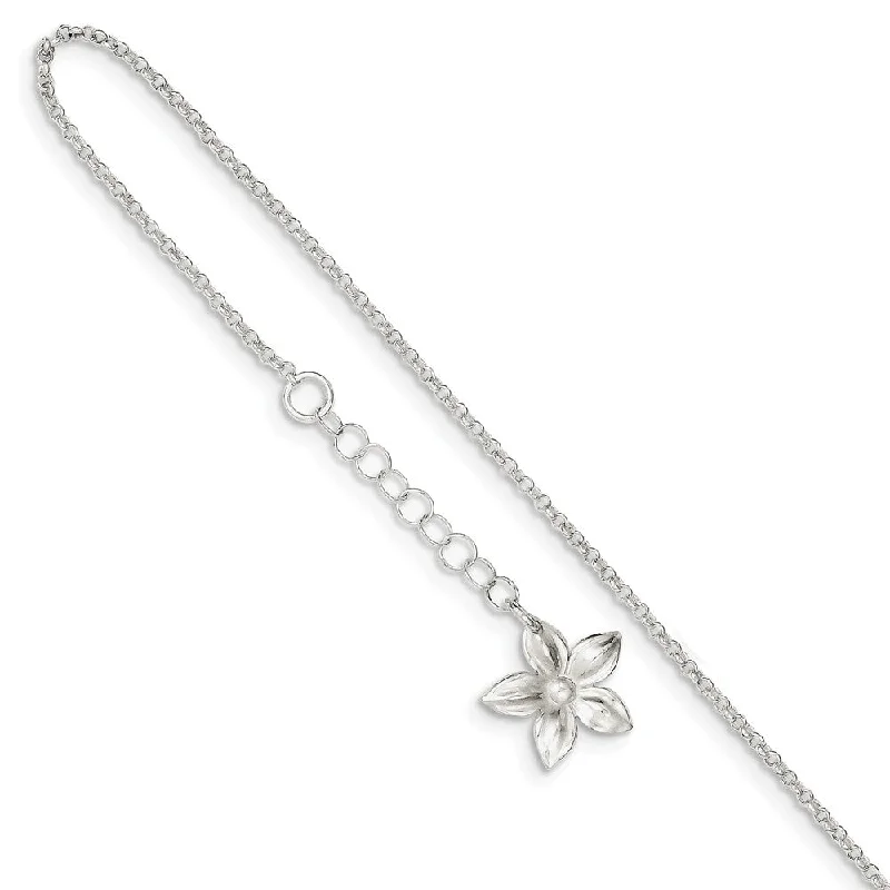 charm anklet for women-Sterling Silver Five Petal Flower Adj. Cable Chain Anklet, 9 in