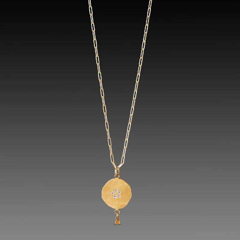 custom engraving necklace for women-Hammered Gold Disk Necklace with Diamonds & Drop