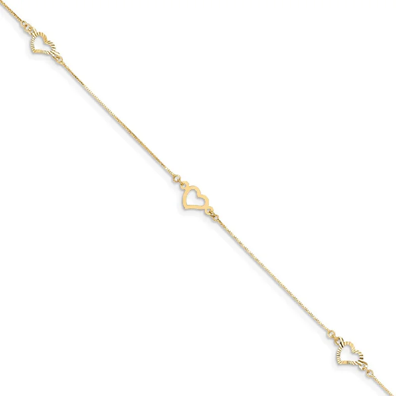 cubic zirconia bracelet for women-14k Yellow Gold Adjustable Fancy Heart Anklet, 9 Inch