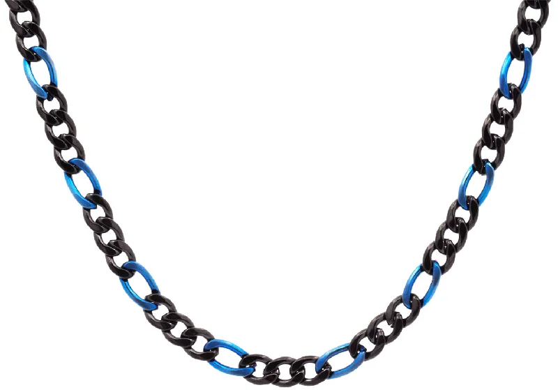 gold chain necklace for women-Mens Two-tone Black & Blue Stainless Steel Figaro Link Chain Necklace