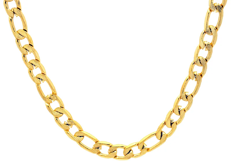 simple gold necklace for women-Mens Gold Plated Textured Stainless Steel Figaro Link Chain Necklace