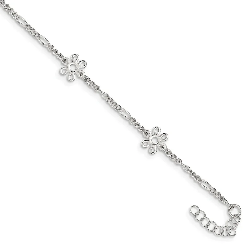 friendship bracelet for women-Sterling Silver Flower Station Figaro Link Adjustable Anklet, 9 Inch