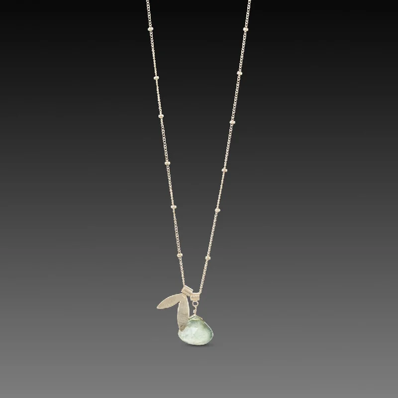 bold necklace for women-Double Leaf Charm Necklace with Moss Aquamarine