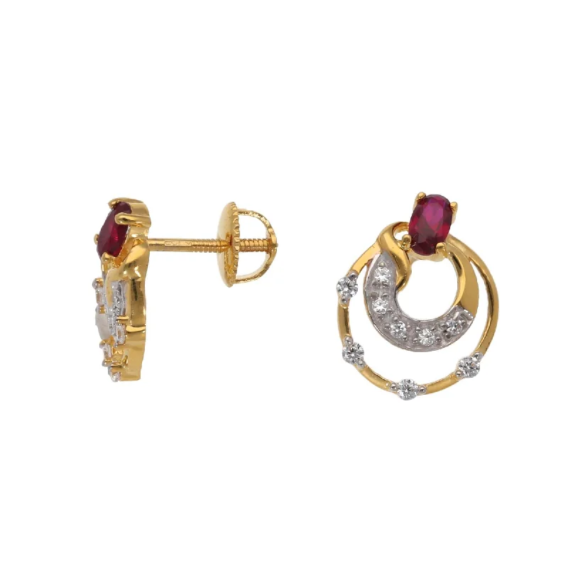 teardrop earrings for women-New 22ct Gold Screw Back Stud Earrings With Swarovski Zirconia & Red Stones