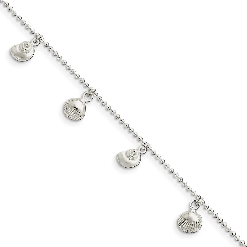 beaded anklet for women-Sterling Silver 1.5mm Bead Chain And Sea Shell Charm Anklet, 9-10 Inch