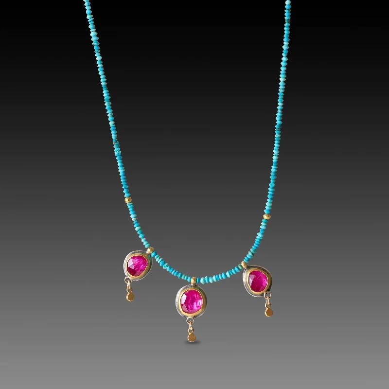 crystal pendant necklace for women-Turquoise Beaded Necklace with Rubies