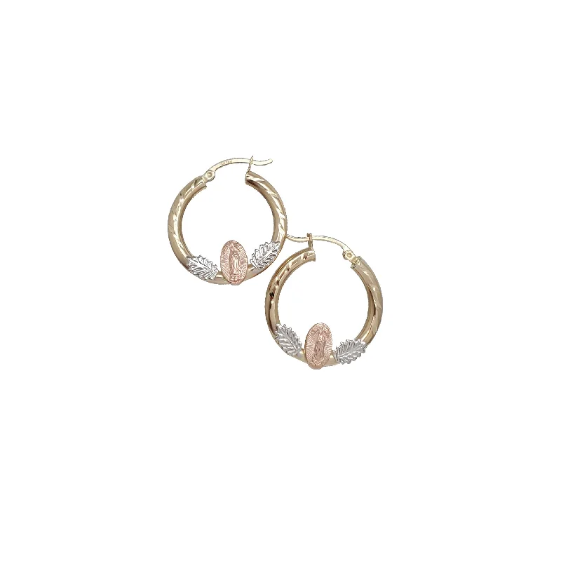 hoop earrings with diamonds for women-Tri-Color Virgin Mary Hoop Earrings (14K)