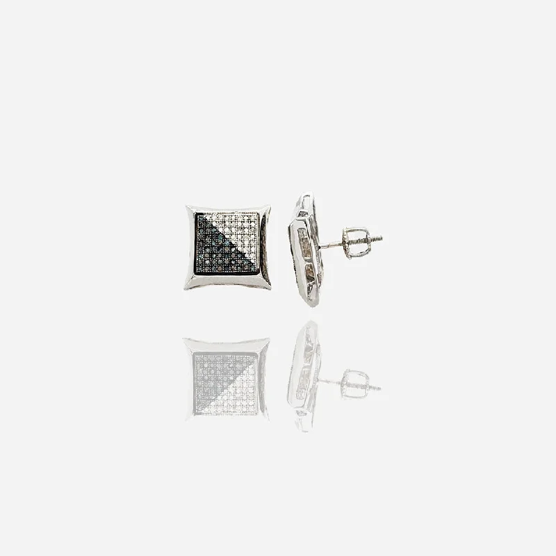 small silver earrings for women-Blue & White Split Diamond Concave Square Stud Earrings