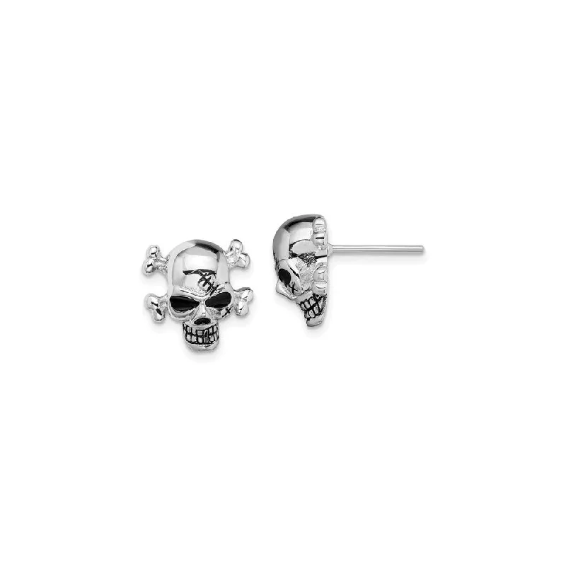 vintage-inspired earrings for women-Antiqued Scarred Skull Stud Earrings (Silver)