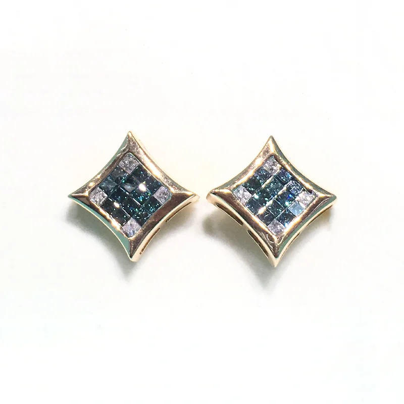 gold earrings for women-Blue and White Diamonds Square Stud Earring (14K)