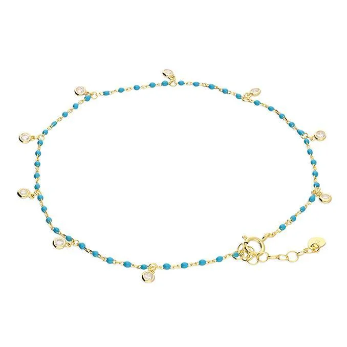 ankle bracelet for women-Turquoise Enamel Bead Chain with Sparkle Charms Anklet - Gold Vermeil