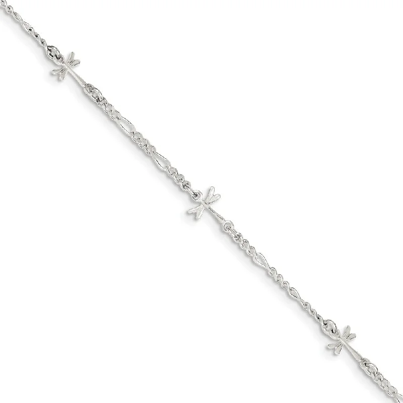 adjustable anklet for women-Sterling Silver Dragonfly Figaro Chain Link Adjustable Anklet, 9 Inch