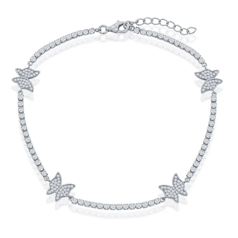 thin bracelet for women-Classic Women's Anklet - Sterling Silver Butterfly CZ Tennis | R-9278