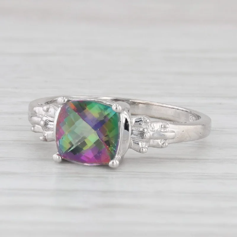 solitaire diamond engagement ring for women-1.85ct Mystic Topaz Cushion Solitaire Ring 10k White Gold Diamonds Size 7.25