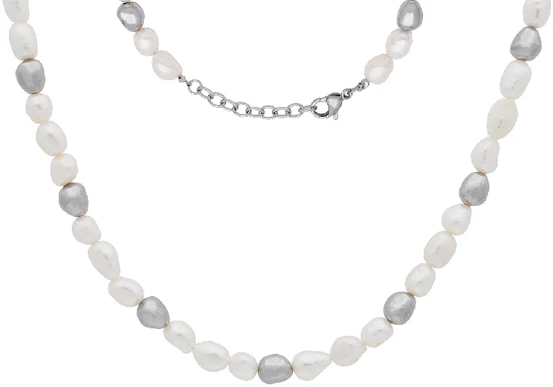 bold necklace for women-Mens 6MM Baroque Pearl Stainless Steel Necklace