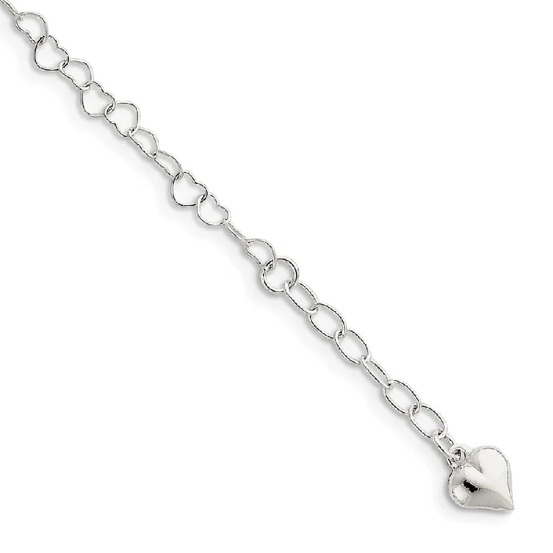 bangles bracelet for women-Sterling Silver 4mm Heart Link And Dangling 8mm Heart Anklet, 9-10 In