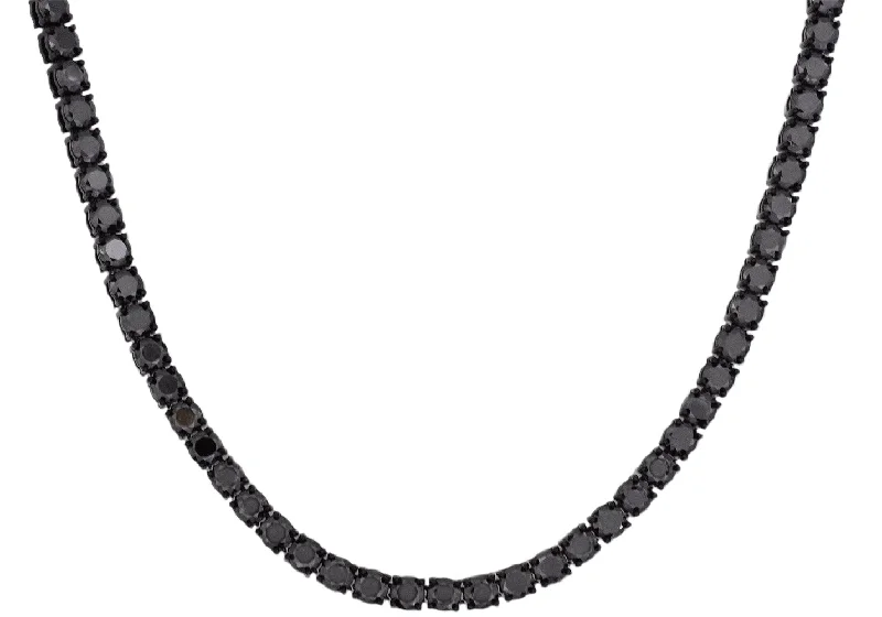 emerald necklace for women-Mens Black Stainless Steel Chain Necklace With Black Cubic Zirconia