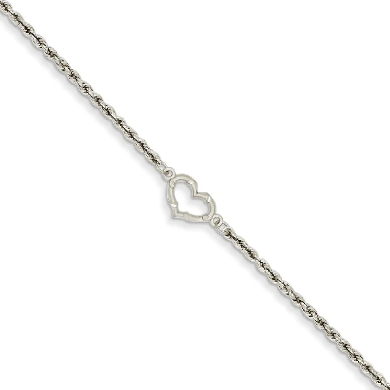 tropical anklet for women-14k Gold White Gold Rope with Heart Anklet, 10 Inch