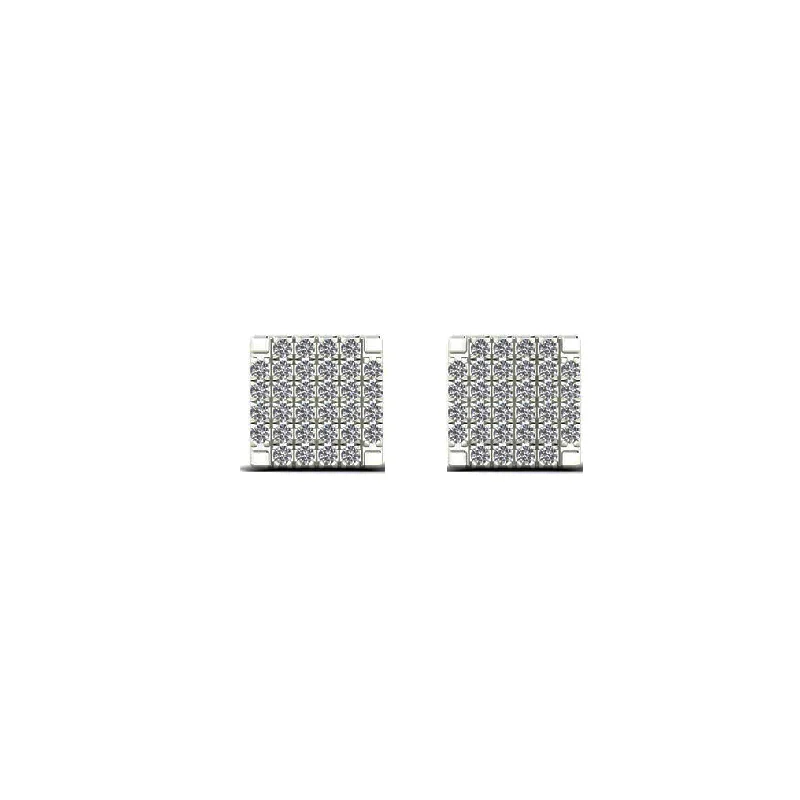 luxury earrings for women-Diamond Iced-Out Grid Square Stud Earrings (14K)