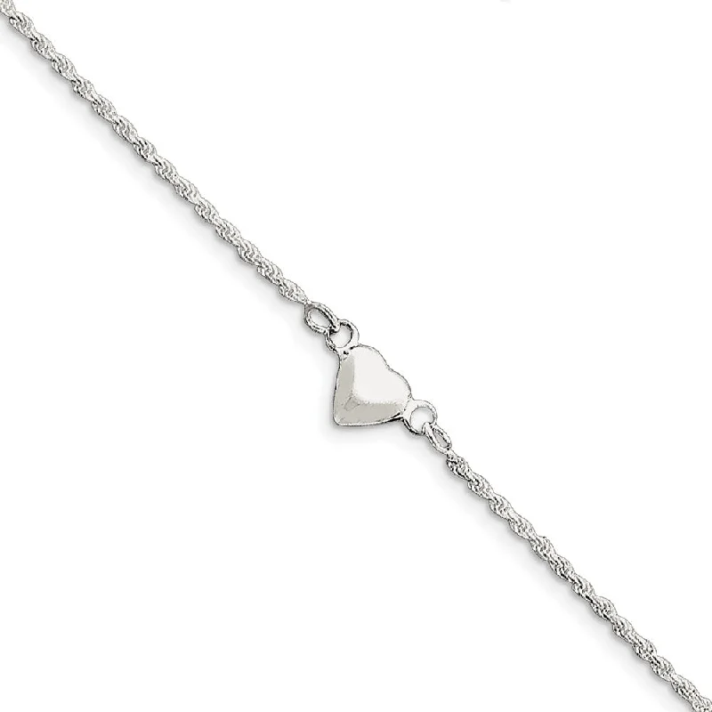 butterfly bracelet for women-Sterling Silver Puffed Heart Rope Chain Anklet, 9 Inch