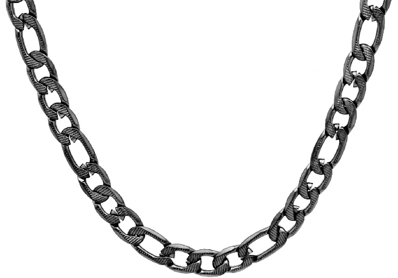 infinity symbol necklace for women-Mens Black Plated Textured Stainless Steel Figaro Link Chain Necklace