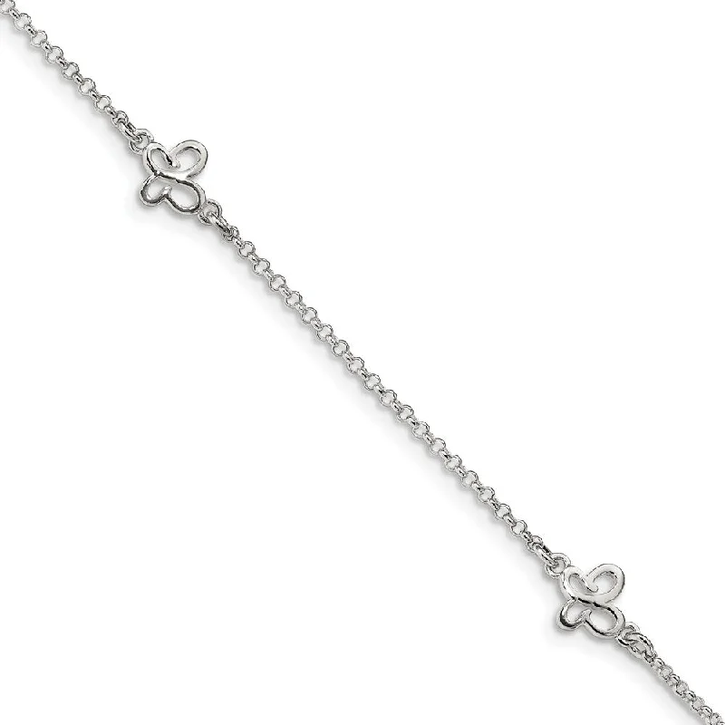 modern bracelet for women-Sterling Silver Butterfly Station And 1.5mm Rolo Chain Anklet, 9-10 In