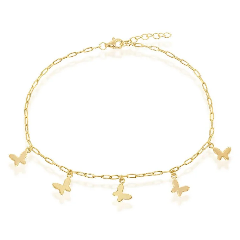 bangles bracelet for women-Sterling Silver Butterfly Charms Paperclip Anklet - Gold Plated