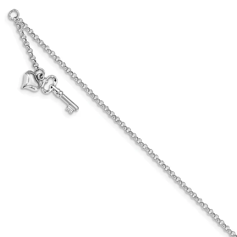 thin bracelet for women-14k White Gold Puffed Heart And Key Dangle Anklet, 10 Inch