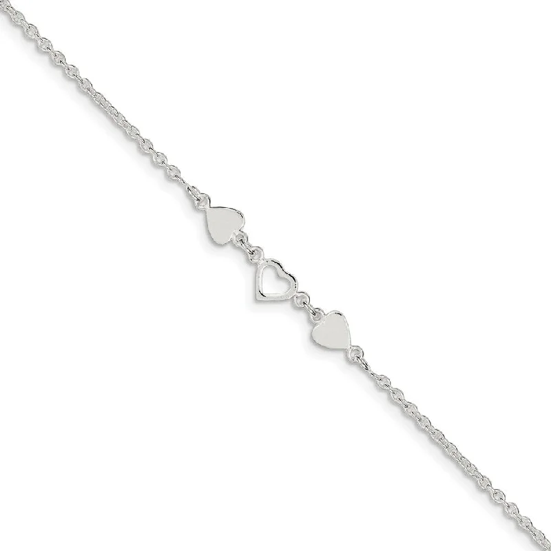 diamond-studded bracelet for women-Sterling Silver Polished Hearts Anklet, 9 Inch