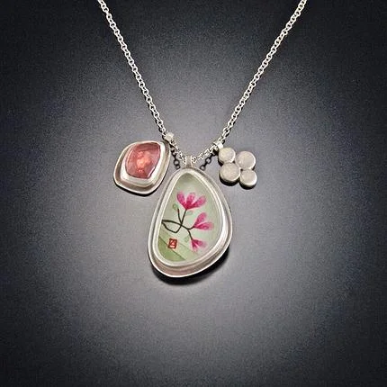 vintage necklace for women-Narrow Organic Magnolia Charm Necklace with Pink Tourmaline