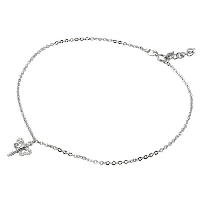 anklet with charms for women-Rhodium Plated 925 Sterling Silver Dangling Dragonfly Anklet with CZ