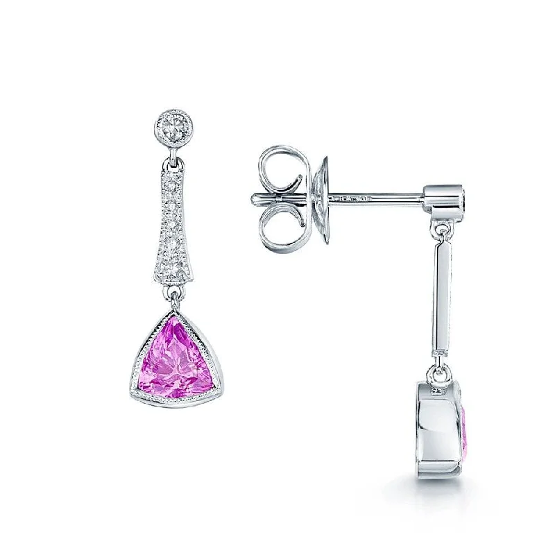 ear cuff earrings for women-18ct White Gold Triangular Pink Sapphire & Diamond Drop Earrings