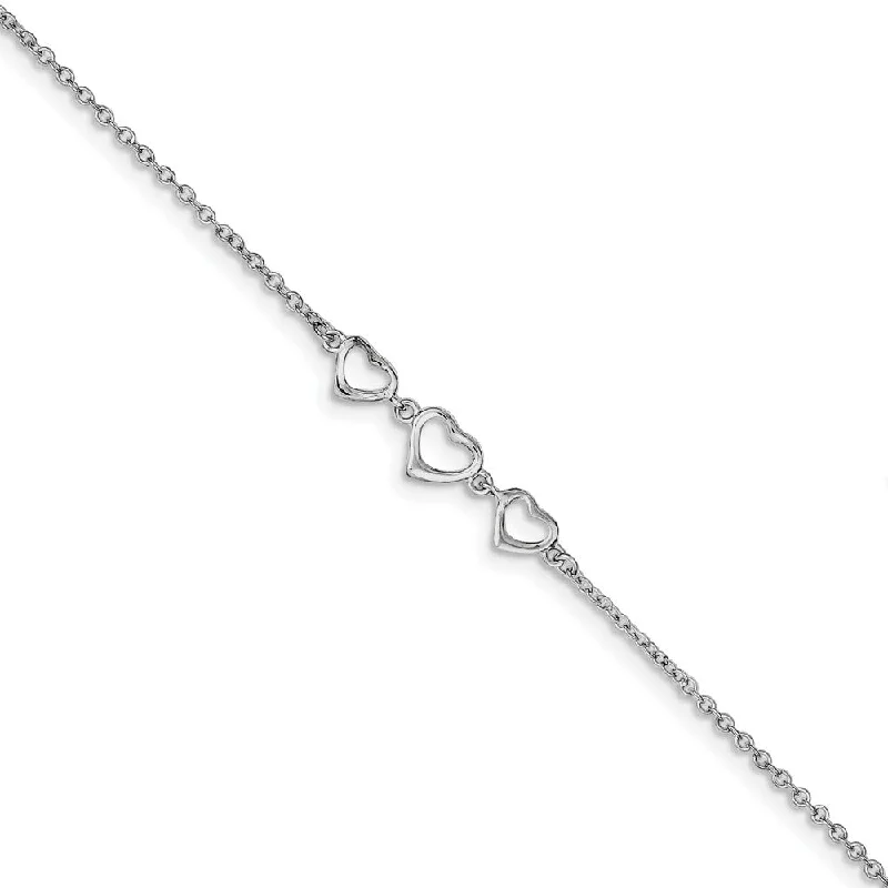 crystal bracelet for women-Rhodium-Plated Sterling Silver Triple Heart Anklet, 10-11 Inch