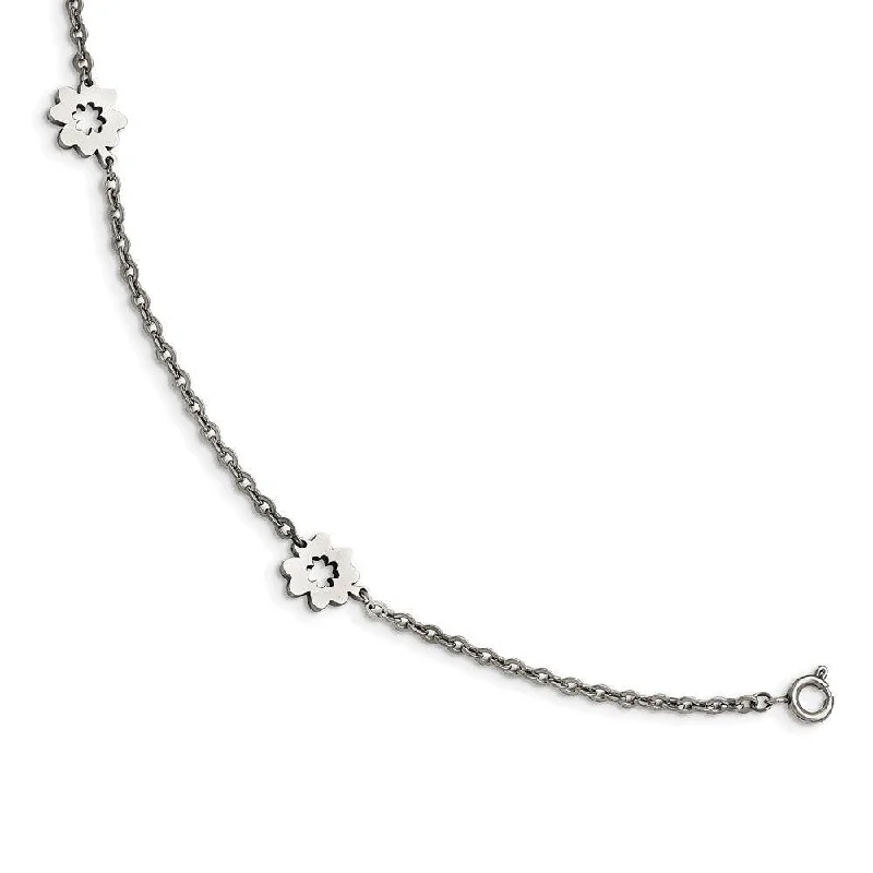 handmade anklet for women-Stainless Steel Polished Flowers with 1in extension Anklet