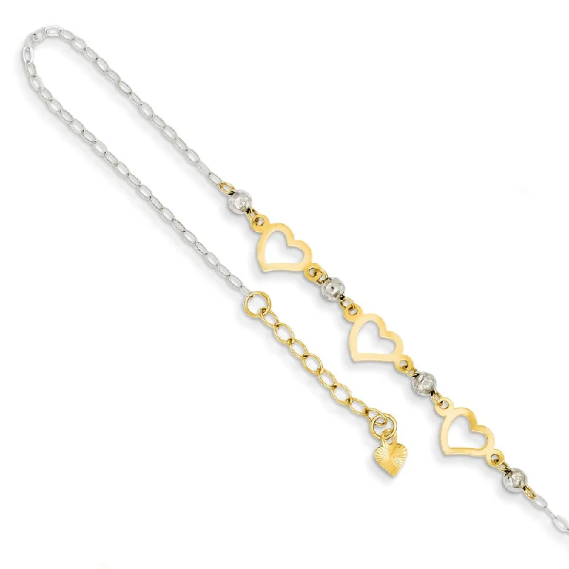 bohemian bracelet for women-14k Two-Tone Gold Triple Heart and Bead Adjustable Anklet, 9 Inch