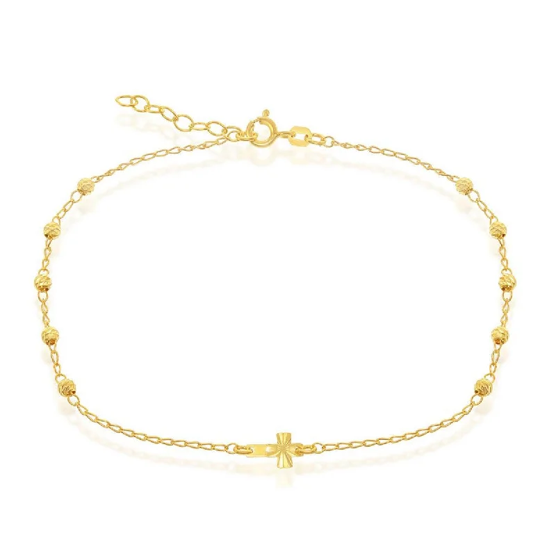 thin gold anklet for women-Classic Women's Anklet - GP Sterling Diamond Cut Beads with Small Cross | R-9105-GP