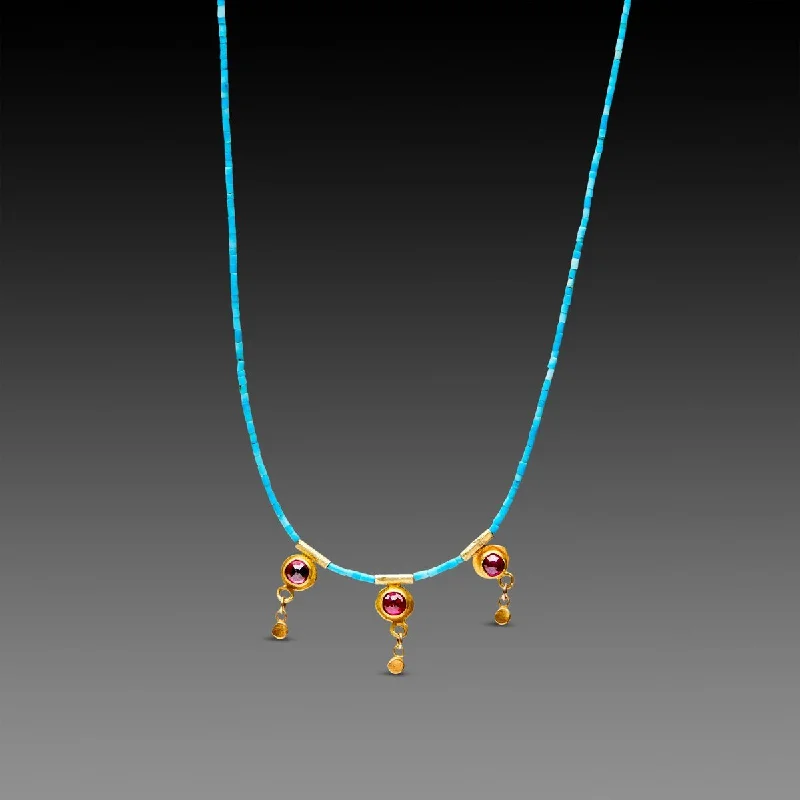 bar necklace for women-Ruby Disk and Turquoise Beaded Necklace