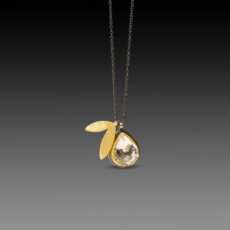 layered gold necklace for women-White Topaz Necklace with 22k Double Leaf Charm