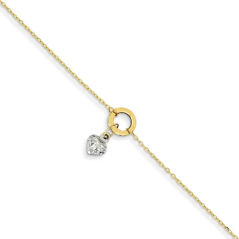 silver bangle anklet for women-14k Two-Tone Adjustable Gold Circle And Puffed Heart Anklet, 9 Inch