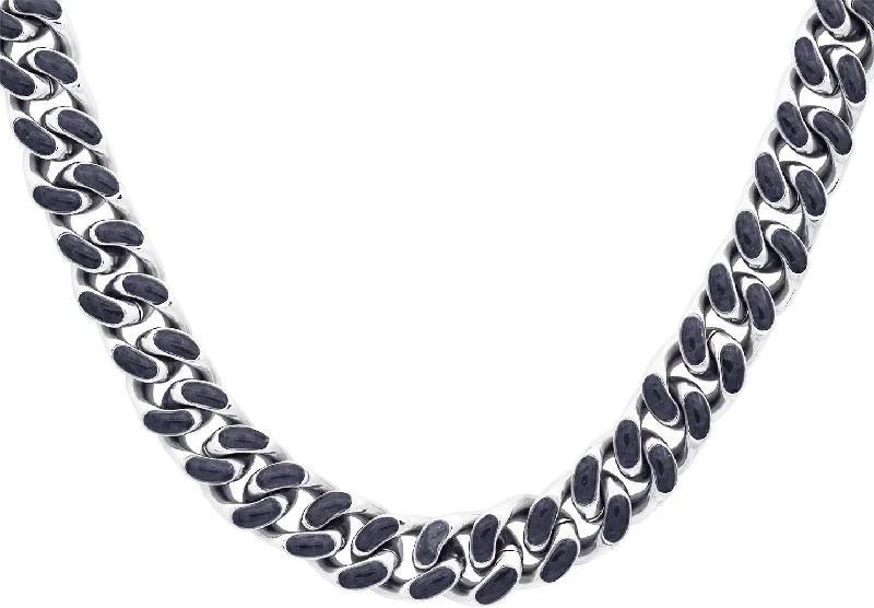 crystal necklace for women-Men's 12mm Stainless Steel Cuban Link Chain Necklace With Carbon Fiber