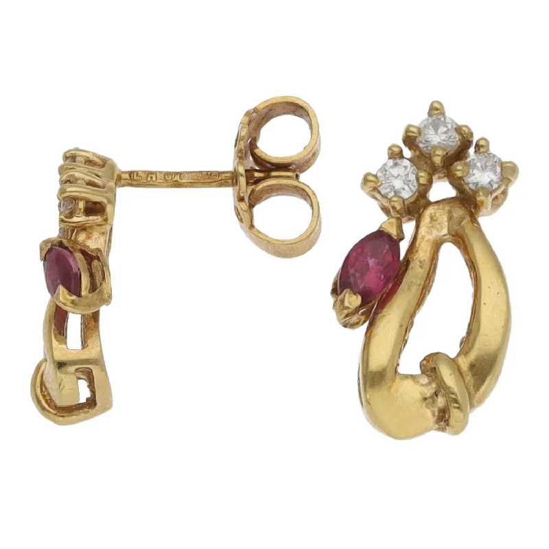 diamond drop earrings for women-18ct Gold Man Made Ruby & 0.18ct Diamond Drop Earrings