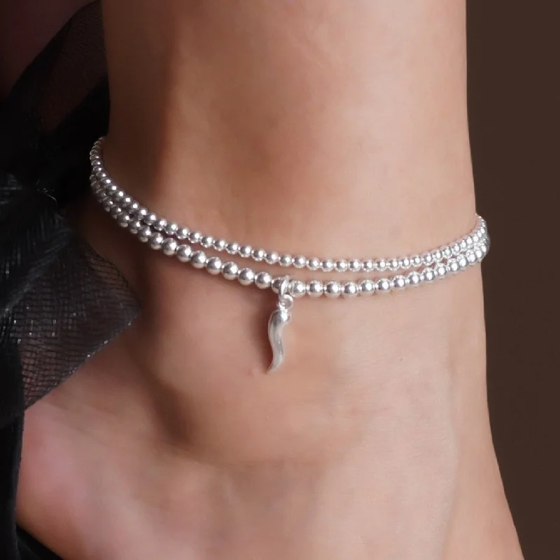 silver anklet for women-925 Sterling Silver Stretch Silver Cornetto Anklet, Italian Horn Anklet, Malocchio Anklet