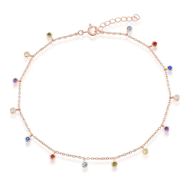 anklet with crystals for women-Classic Women's Anklet - RG Sterling Silver Bezel-Set Rainbow CZ Charms | R-9271