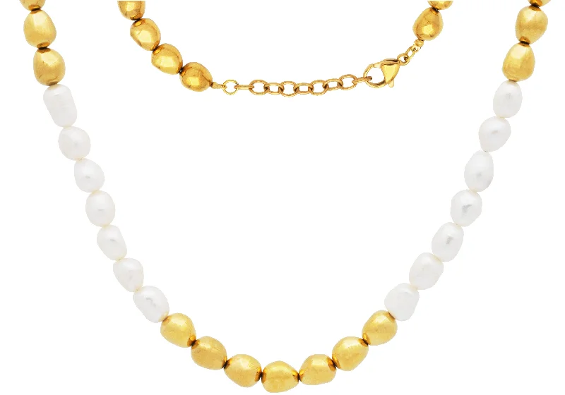 unique pendant necklace for women-Men's 6mm Baroque Pearl Gold Stainless Steel Necklace w/ Extension Clasp