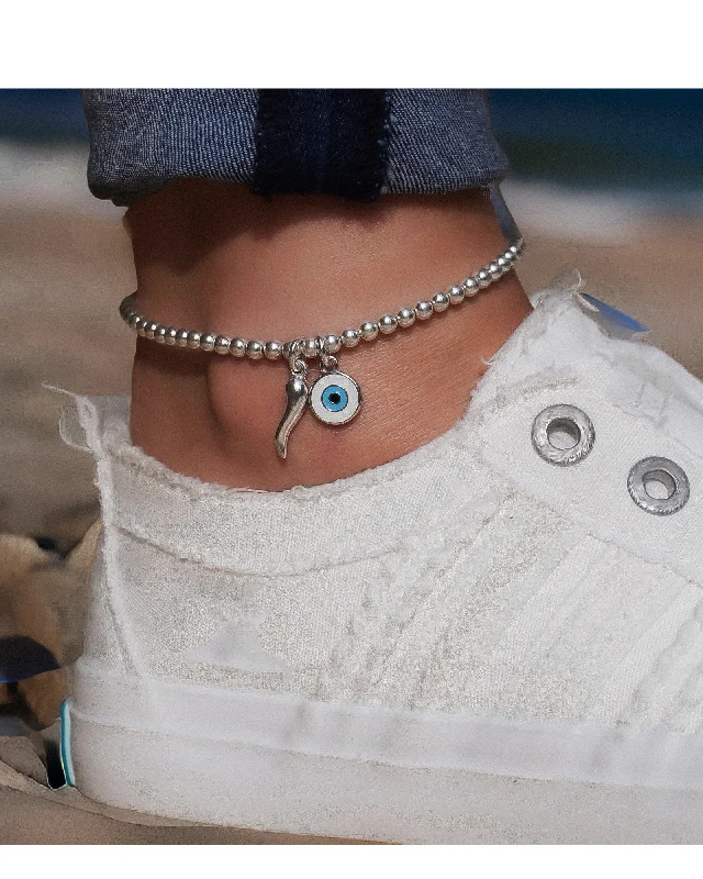 gold anklet for women-925 Sterling Silver Stretch Silver Cornetto & Evil Eye Anklet, Italian Horn Anklet, Evil Eye Anklet, Malocchio Anklet