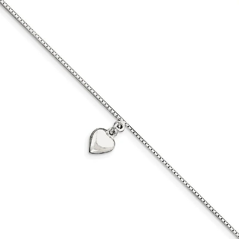 leather cuff bracelet for women-Sterling Silver Puffed Heart Anklet, 10 Inch