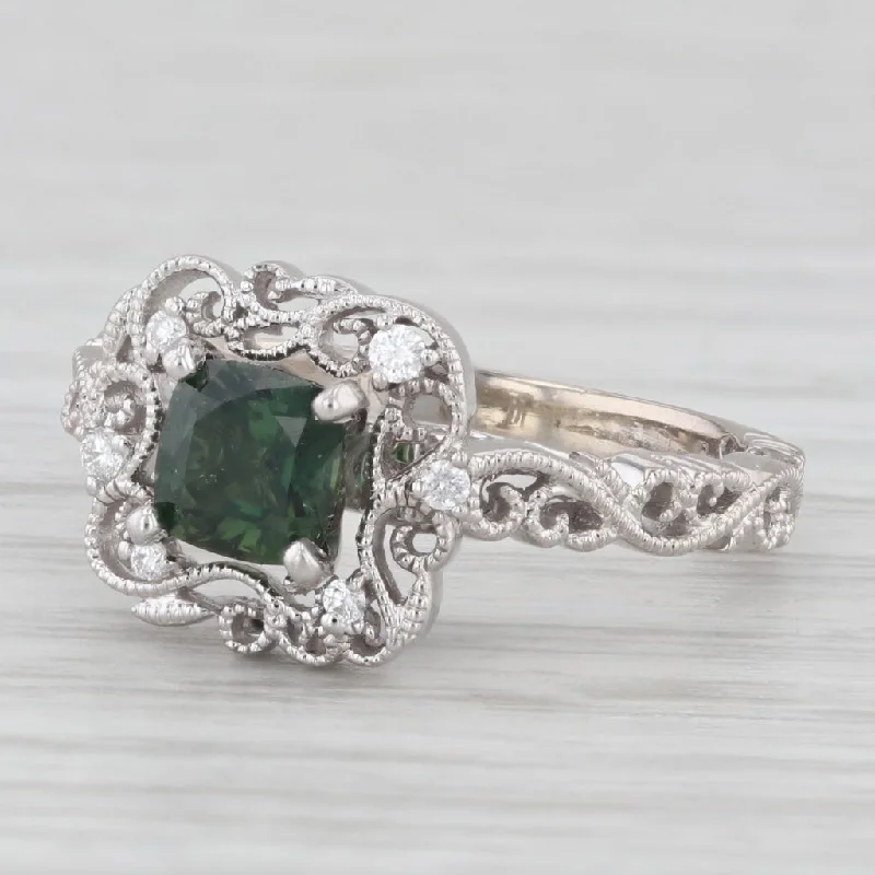 platinum engagement ring for women-0.80ctw Green Sapphire Diamond Ornate Filigree Ring 14k White Gold Size 5.75